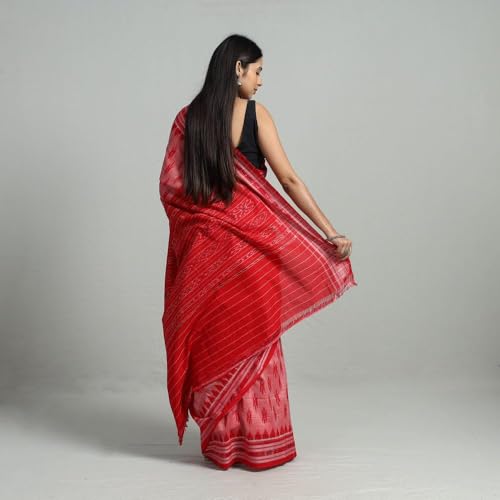 Image of ODISHAHANDLOOM Sambalpuri Pure Cotton Handloom Saree, Traditional Ikat Pattern, Red and Green, Without Blouse