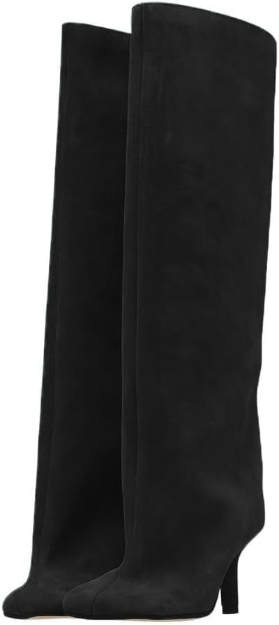 Women's Knee High Boots Nude Suede Wide Calf Stiletto Long Booties Square Toe Pull On High Heel Riding Boots for Women Ladies Fahion Dress Tall Boots