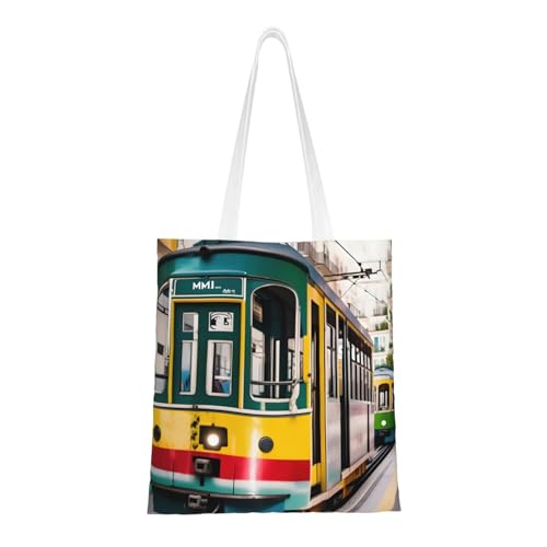 Lisbon Tram Print Polyester Canvas Tote Bag, Worthy Shopping Bag, Ideal For Present And Daily Errands