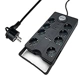 KF Steckdosenleiste mit USB, Mehrfachsteckdose 8 Steckdosen 2 USB-Anschlüsse mit überspannungsschutz Hängegriff Kindersicherung Schalter 2M Kabel Schwarz