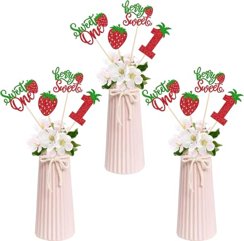 SYKYCTCY 12 Pack Sweet One Centerpiece Sticks Assembled Glitter Strawberry Berry Sweet Birthday Table Flower Centerpiece Sticks for Fruit Theme Baby Shower 1st Birthday Party Supplies (#1)