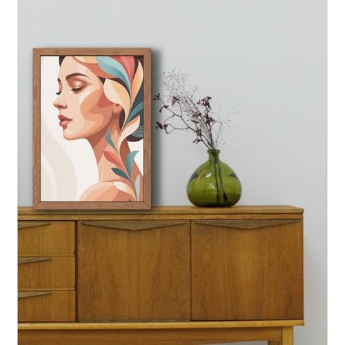 Framed Wall Art, Abstract Woman Portrait with Floral Elements, Wood Frame, 8x12 Inch, Modern Home Decor