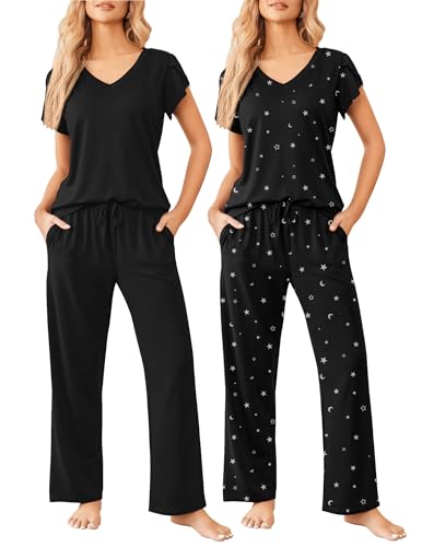 Image of Ekouaer 2 Pack Womens Pajamas Short Sleeve Sleepwear Top with Pants Super-Soft Printed Lounge Sets S-XXL