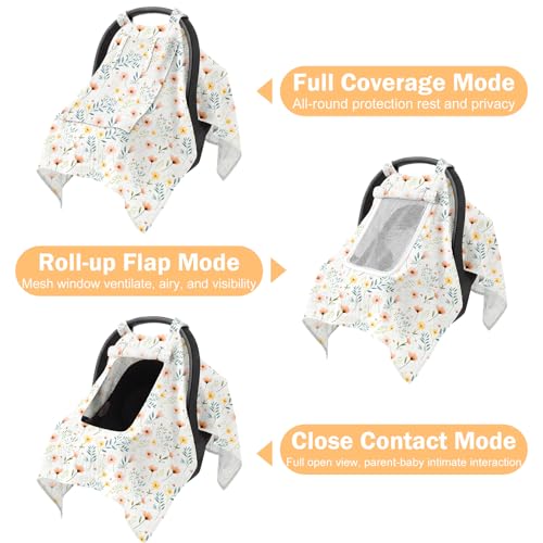 Image of Baby Car Seat Cover with Mesh Window, 100% Cotton Carseat Covers Baby Boy Breathable Infant Car Seat Cover Spring Summer Baby Carseat Cover Lightweight Infant Car Seat Canopy - Floral