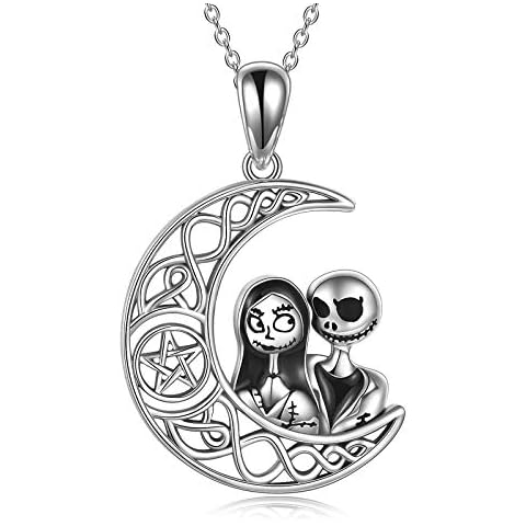 YFN Sterling Silver Jack Skellington and Sally on the Moon Pendant Necklace Halloween Christmas Jewellery Gifts for Women Wife Girlfriend Girls Halloween Gifts Cover