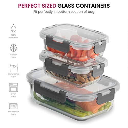 Finedine Lunch Bag With Glass Containers - Insulated Lunch Box For Women And Men - Leakproof Locking Lids & Ice Pack - 2-Compartment Cooler Tote For Work (Grey) #TOP5