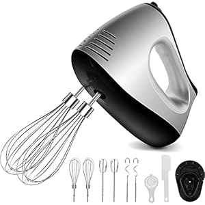 NWOUIIAY Elektrische handmixer, 500 W, 5 snelheden met turbinefunctie, inclusief 2 mixers, 2 haken, 2 garden, eierscheider, bakspatel en standaard voor eenvoudig deegkloppen