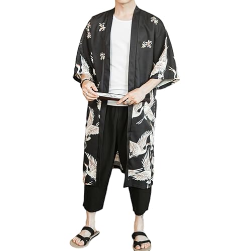 Men's Loose 3/4 Wide Sleeve Kimono Drop Shoulder Longline Yukata Robe Gown Tops Shirt Haori Coat Retro4