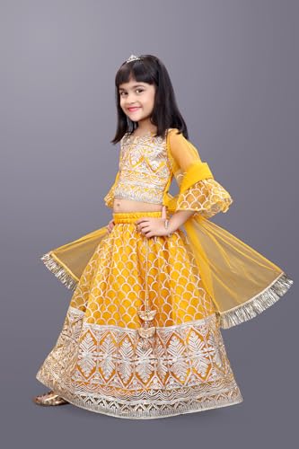 Image of Girl's Princess Lehenga Choli Set - Soft Net, Ribbon Embroidery With Duppata, Readymade
