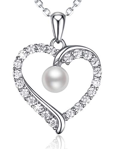 Dorella Valentine's Day Necklace for Mom Birthday Gifts Wife Sterling Silver White Pearl Love Hearts Pendant Necklace