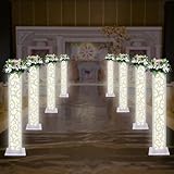 JJIESHENG 8Pcs Wedding Flower Column, White Carved Pillars with LED Lights, 47' Tall PVC Carved Pillars Flower Stand Roman Wedding Column Set for Wedding Birthday Party Decoration