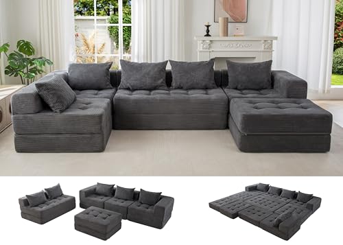 Image of MAXYOYO Modular Sectional Sofa Couch, Foldable U Shaped Cloud Couch with Pillows, Tufted 6-Seat Boneless Lounger Floor Sofa Bed for Living Room, No Assembly Required, Dark Grey