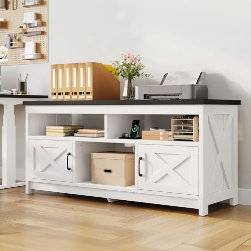 DWVO Farmhouse TV Stand for Television up to 65 Inch, Entertainment Center with Power Outlets and Open Shelf, Rustic TV Cabinet Media Console Table for Living Room, White/Black, 59 Inches