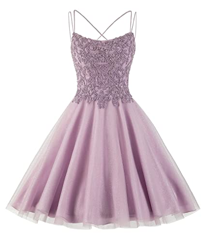 Lace Tulle Homecoming Dress for Teens - Short Spaghetti Strap Sparkly Beaded Prom Dress 20254