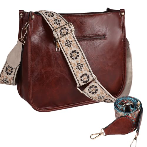 Crossbody Bags for Women Elegant Vegan Leather Hobo Handbags with 2pcs Adjustable Guitar Strap(dark brown)