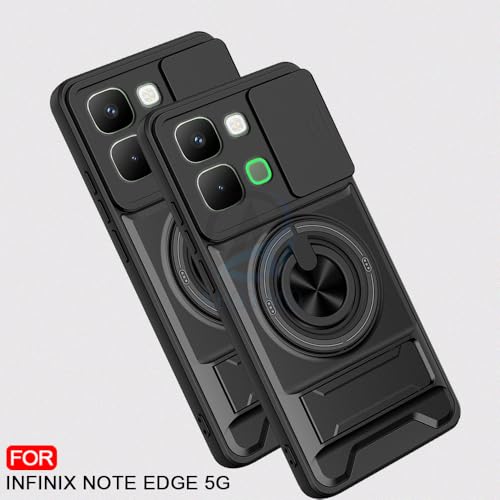 Image of AESTMO Infinix Note Edge 5G Back Cover | Armor Camera Slider 360 Degree Rotating Finger Ring Holder Case with Bracket Stand Back Case Cover (Compatible with MagSafe Accessories) (Black)