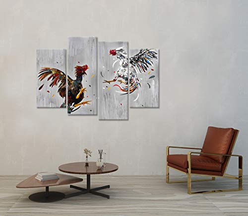 Zlove Farm Animal 4 Panel Canvas Wall Art Cock Fighting Picture Painting Rooster Art Print Rustic Chicken Country Kitchen Home Decor Stretched And Framed For Farmhouse Decoration Ready To Hang #TOP2