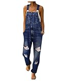 Ladyful Women's Classic Ripped Bib Denim Overalls Pant Jean Jumpsuit Romper Trouser (Dark blue, 16/1