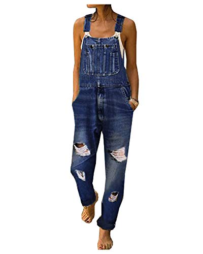 Ladyful Women's Classic Ripped Bib Denim Overalls Pant Jean Jumpsuit Romper Trouser (Dark Blue, 16/18) #TOP6