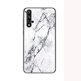 Funda para Huawei Nova 5T Marmol Case Tapa Trasera de Cristal Templado con TPU Edge Carcasa para Huawei Nova 5T (Blanco)