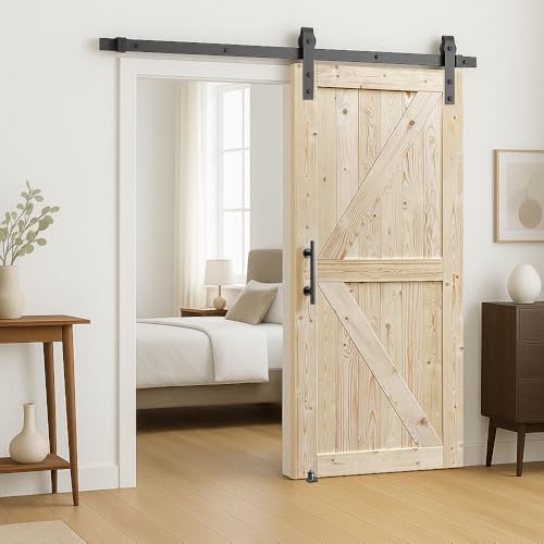 Image of S&Z TOPHAND 48in x 96in Unfinished British Brace Knotty Barn Door with Sliding Door Hardware Kit /Solid Wood /Sliding /Double Surfaces /A Simple Assembly is Required
