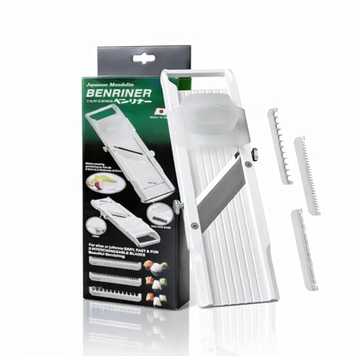 Benriner Japanese Mandolin Vegetable Slicer 6.4cm White: 3 Interchangeable Stainless Steel Blades & Safety Guard Handheld Mandolin Slicer for Shredding Slicing & Julienning Fruit & Veg BN-64W