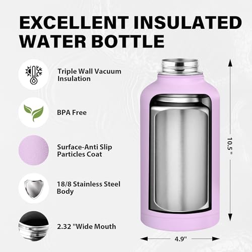 Image of Insulated Water Bottle 64 oz, Triple Wall Vacuum Stainless Steel Water Bottles (Cold for 48 Hrs), Leak Proof & Non-BPA, Half Gallon Water Flask Jug Wide Mouth Straw Lid & Spout Lid