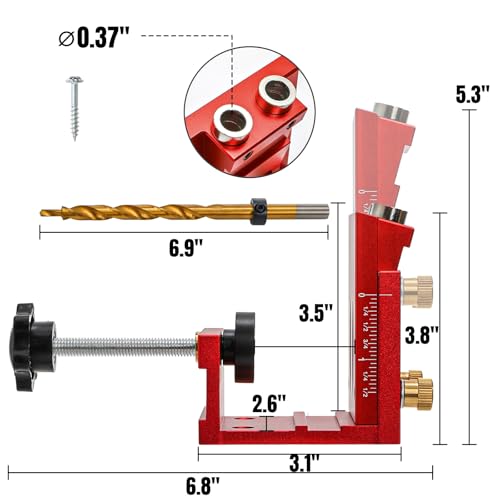 Image of Hiceeden Adjustable Pocket Hole Jig Kit, Aluminum Alloy Pocket Screw Jig Tools Set with 15 Degree Joint Angle, Portable 3 /8 Inch Hole System for Woodworking Hole Drill Guide, Red