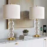 Oneach 25' Glass Table Lamps Set of 2, Gold Modern Table Lamps with USB Ports for Living Room, Linen Shade Bedside Lamps for Bedroom, Nightstand, Side Table (Bulbs not Included)