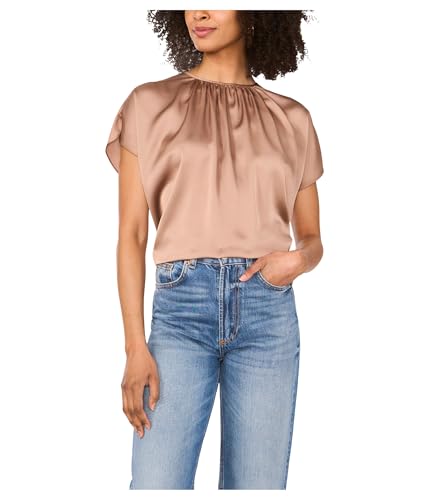 Vince Camuto Women's Crewneck Shirring Short Sleeve, Rich Taupe, Large