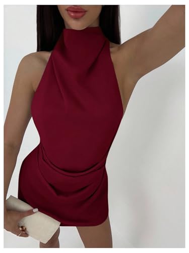 Image of Floerns Women's Ruched Cowl Neck Halter Mini Dress Tie Backless Night Out Dresses