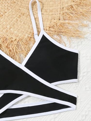 Image of WDIRARA Girl's 3 Pieces Wrap V Neck Criss Cross Swimsuit Bikini Set Bathing Suit with Shorts Black and White 8Y