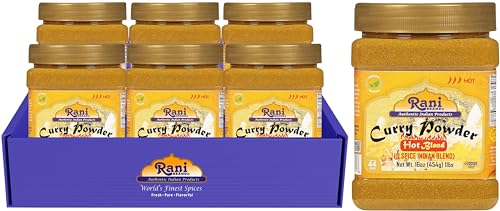 Rani Curry Powder Hot (11-Spice Authentic Indian Blend) 16oz (1lb) 454g PET Jar, Pack of 6 ~ All Natural | Salt-Free | Vegan | No Colors | Gluten Friendly | NON-GMO | Kosher | Indian Origin