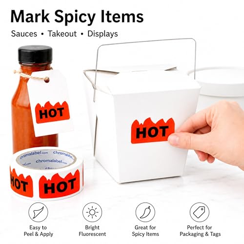 Image of ChromaLabel Hot Stickers, 2 x 1.25 Inch Fluorescent Red Orange Flame Labels, 500 /Roll, Rave Hot Stickers for Parties, Festivals, Events, Hot Sauce, Spicy Food & Retail Marking