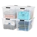 IRIS USA 72 Qt Stackable Plastic Storage Bins with Lids, 4 Pack - BPA-Free, Made in USA - See-Through Organizing Solution, Latches, Durable Nestable Containers, Secure Pull Handle - Clear