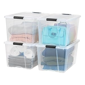 IRIS USA 72 Qt Stackable Plastic Storage Bins with Lids, 4 Pack – BPA-Free, Made in USA – See-Through Organizing Solution, Latches, Durable Nestable Containers, Secure Pull Handle – Clear