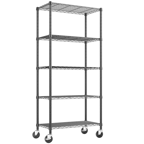 Klyvvo Metall Regal mit Rollen auf 5 Regalböden, Metallregal mit Rollen Vorratsregal Höhenverstellbaren Einlegeböden für Küche,Badezimmer,Garage,Gewächshaus,Vorratskammer, Maximalgewicht 250kg,Schwarz