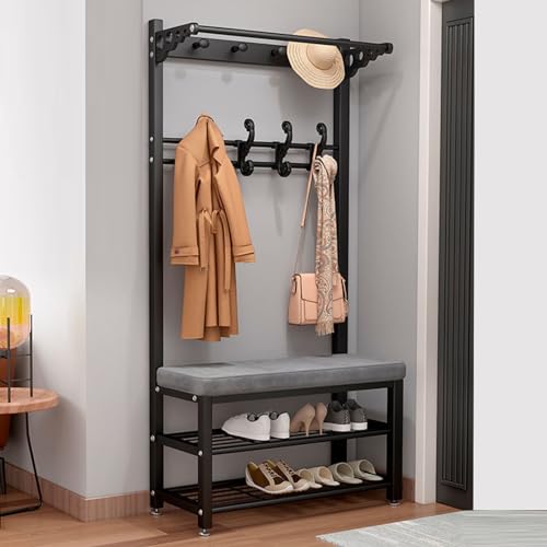 Árbol de entrada 4 en 1 con banco de zapatos, perchero independiente y 10 ganchos, almacenamiento de zapatos de 2 niveles para 6-8 pares, fácil montaje, diseño moderno (80 x 33 x 170 cm)