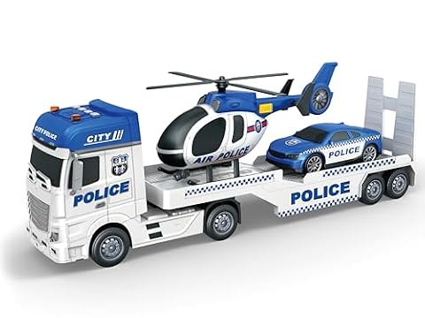 Twierdzenie Tir, zabawkowa ciężarówka dla dzieci, helikopter i samochód, zestaw pojazdów ze światłami i dźwiękami, ruchem sprzęgła, skalą 1:16, motyw policyjny