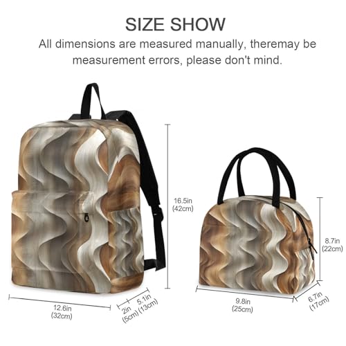 Backpack Lunch Box Set Large Capacity Travel Backpacks and Insulated Lunch Bag for Commute Hiking Picnic Wave Wood Print2