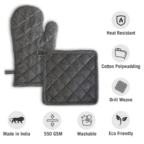 Image of 2 Oven Mitts and 2 Pot Holders Set-Cotton Heat Resistant Pot Stand and Kitchen Gloves-Heat Proof-Free Size-Combo Set (Blue and Grey Mix)