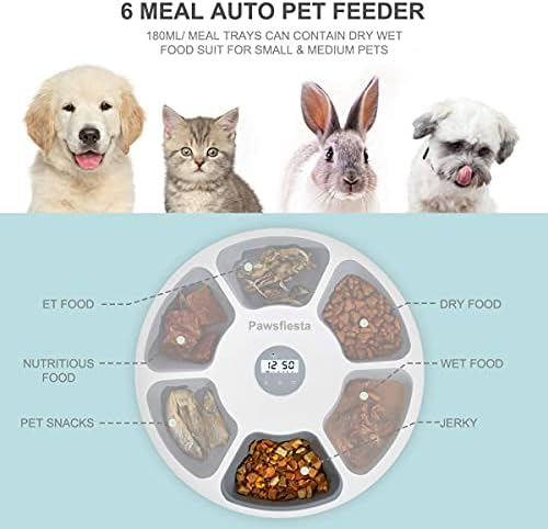 Pawsfiesta Automatic Pet Dog Cat Feeder with Programmable Digital Timer, 6-Meal Food Dispenser Trays, Power by USB or Battery, Portion Control, LCD Display, Feeds Wet or Dry Food