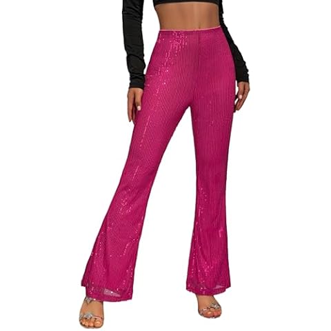 YHYJMY Hot Pink Loose Elastic High Waist Wide Leg Flare Pants Womens Casual Sparkle Sequin Glitter Bling Shiny (A030-Rose/Red-XL) Cover