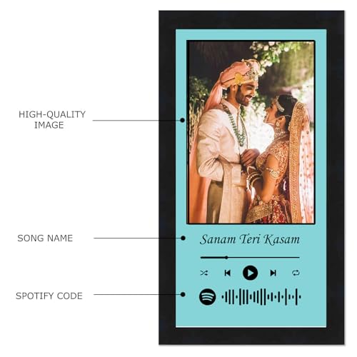 Image of Personalized Gift Musical Wall Rectangular Photo Frame - Customized Spotify Song With Scanable Barcode For Wedding And Couple Gifts - Size (6X12) Inch, Turquoise | 1 Piece Rectangle, Wood