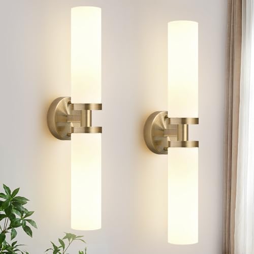 Image of Indoi Wall Sconces Set of Two, Hardwired Brass Bathroom Sconces Wall Lighting with Milky White Glass, Modern Sconces Wall Decor Set of 2 Bathroom Light fixtures for Mirror Living Room Hallway Bedroom