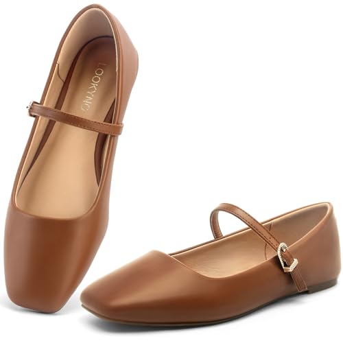 Womens Ballet Mary Jane Flats Shoes Adjustable Strap Comfortable Square Closed Toe Versatile Chic Footwear with Latex Insole