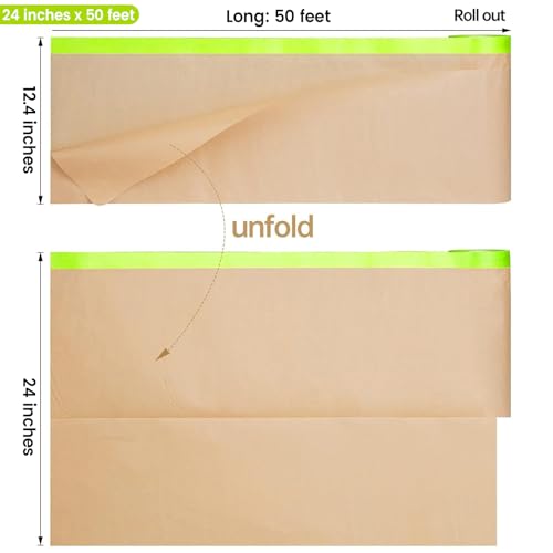 Image of ADHES Pre-Taped Masking Paper for Painting 24in x 50ft x 3rolls | Tape and Drape Painters Paper Roll with Masking Tape, Automotive Masking Paper for Cars, Walls, Floors, Furniture Protection