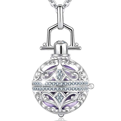 AEONSLOVE Harmony Ball Pregnancy Bola Necklace, Vintage Cubic Zirconia Harmony Ball Locket Angel Chime Caller Bell 18mm Mexican Bola Balls Pendant Necklaces for Women, 30"/45'' Chain(Lavender)
