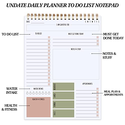 To Do List Notepad Spiral Bound - Daily Planner Notepad Undated 52 Sheets Tear Off, 6.5" X 9.8" Planning Pad Appointment Meal Plan Organizer With Water Intake Fitness For Work And Personal #TOP1