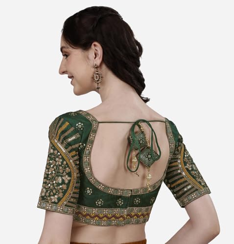 Image of Pujia Mills Mills Women's Fancy Readymade Heavy Coding Embroidary Worked Half Sleeve Multicolor Saree Blouse(Mushroom)
